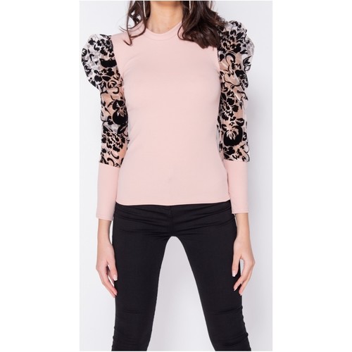 Textiel Dames Tops / Blousjes Parisian Sheer Flock Print Organza Sleeve Roze