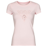 Textiel Dames T-shirts korte mouwen Guess SS EYELET FLORAL LOGO R3 Roze