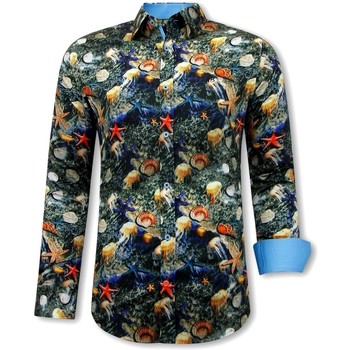 Textiel Heren Overhemden lange mouwen Tony Backer Luxe Satijn Kleurrijke Print Zwart, Blauw, Oranje, Bruin