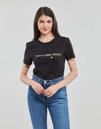 Textiel Dames T-shirts korte mouwen Calvin Klein Jeans GLOSSY MONOGRAM SLIM TEE Zwart
