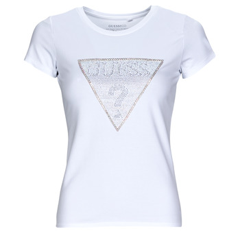 Textiel Dames T-shirts korte mouwen Guess SS TRIANGLE CRYSTAL LOGO R4 Wit