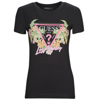 Textiel Dames T-shirts korte mouwen Guess SS CN TRIANGLE FLOWERS TEE Zwart