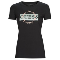 Textiel Dames T-shirts korte mouwen Guess SS CN ROUND LOGO TEE Zwart