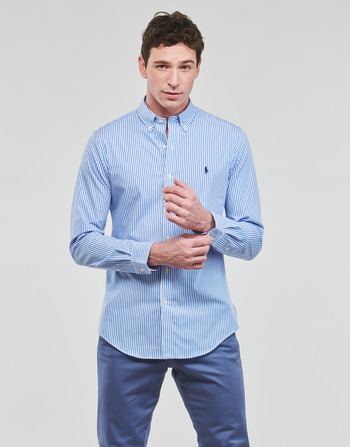 Textiel Heren Overhemden lange mouwen Polo Ralph Lauren CHEMISE AJUSTEE SLIM FIT EN POPELINE RAYE Blauw / Wit