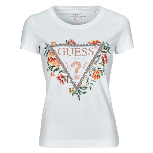 Textiel Dames T-shirts korte mouwen Guess TRIANGLE FLOWERS Wit
