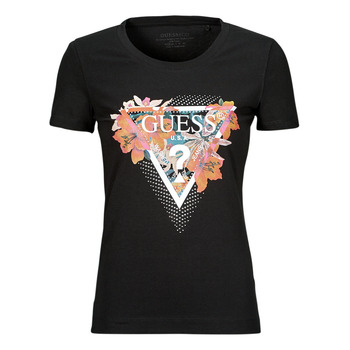 Textiel Dames T-shirts korte mouwen Guess TROPICAL TRIANGLE Zwart