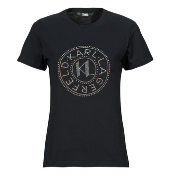 Textiel Dames T-shirts korte mouwen Karl Lagerfeld rhinestone logo t-shirt Zwart