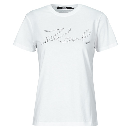 Textiel Dames T-shirts korte mouwen Karl Lagerfeld rhinestone logo t-shirt Wit