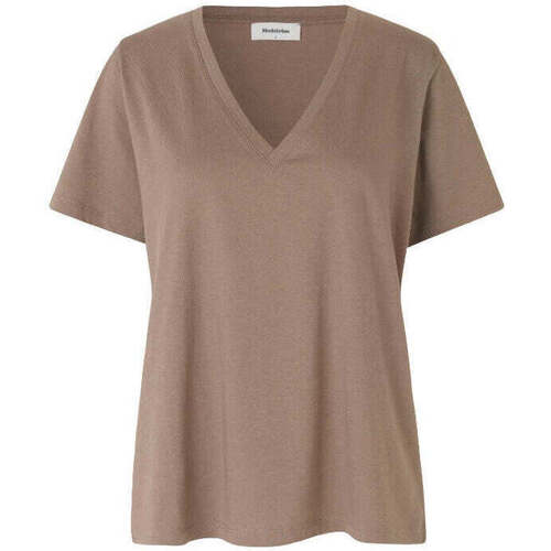 Textiel Dames T-shirts korte mouwen Modström Taupe duurzaam V-hals T-shirt Pia Bruin