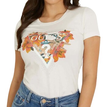 Textiel Dames T-shirts & Polo’s Guess Ss Cn Tropical Triangle Tee Wit