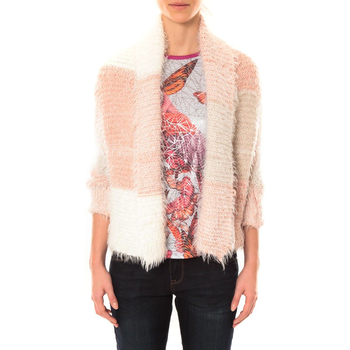 Textiel Dames Jacks / Blazers De Fil En Aiguille Gilet Bicolore LOLA blanc et rose Roze