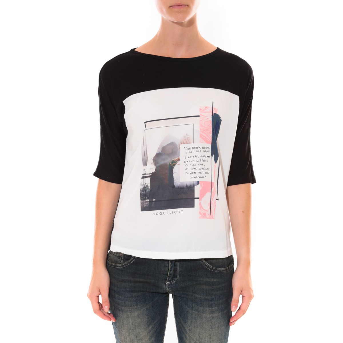Textiel Dames T-shirts korte mouwen Coquelicot Tee shirt  Noir & Blanc 16409 Zwart